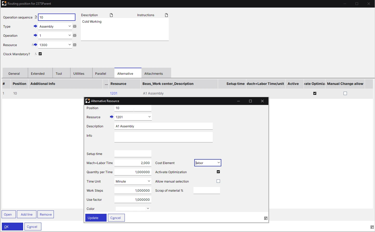 Beas routing position with the Alternative tab open: an alternative resource with its own setup time and machine time, Activate Optimization ticked and Allow manual selection