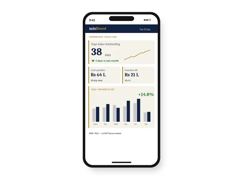 misBoost KPIs and dashboards on a phone, as a published page with no app
