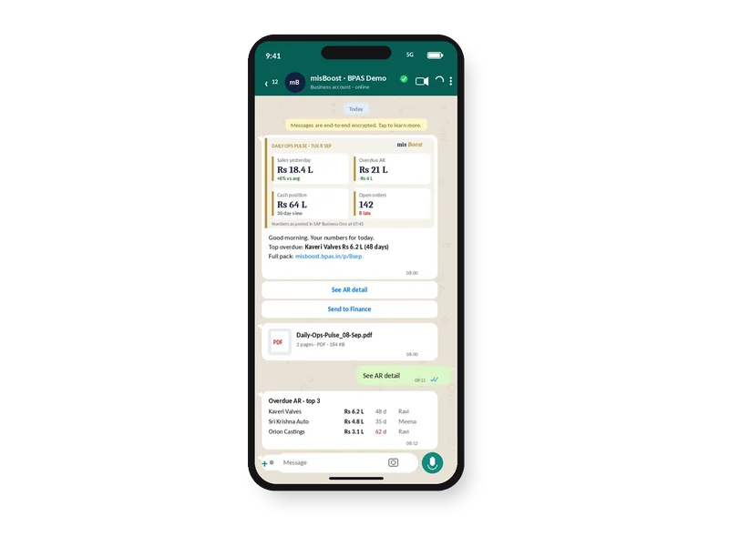 misBoost pack on WhatsApp on a phone, headline numbers with the PDF attached
