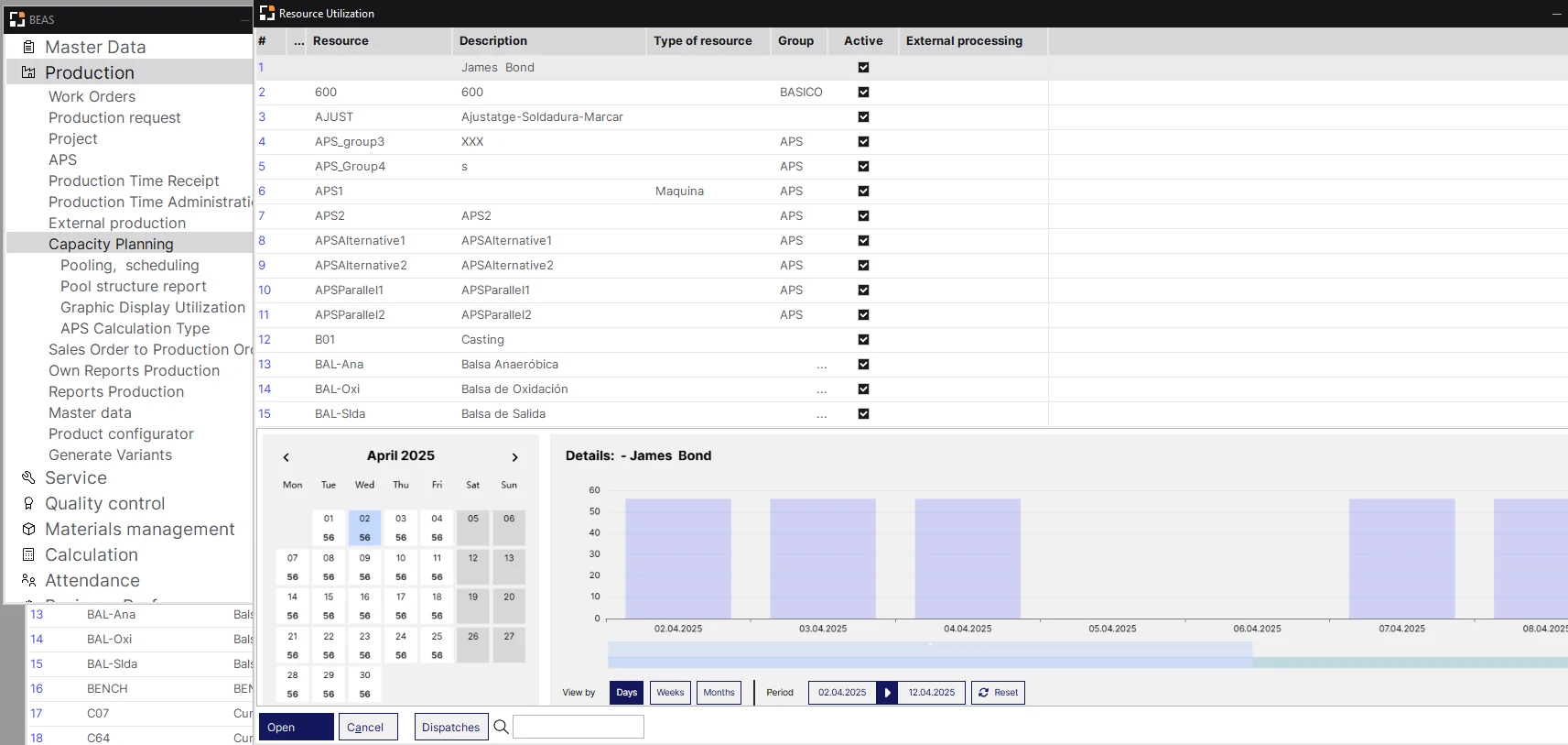 Beas Manufacturing menu with the Resource Utilization view under Capacity Planning