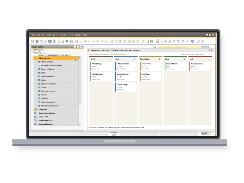 misBoost Visual Workflow board inside the SAP Business One client on a laptop