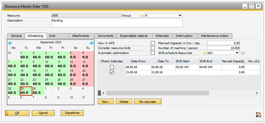 Beas Resource Master Data, Scheduling tab, with Consider resource limits, planned capacity and the shift schedule